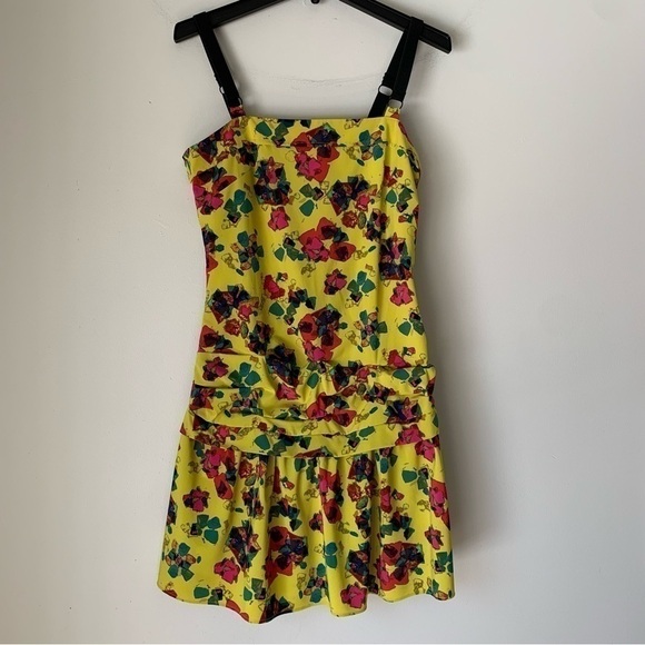 Rachel Rachel Roy Chartreuse Yellow Floral Drop Waist Ruffle Mini Dress Size 10 - Picture 1 of 11